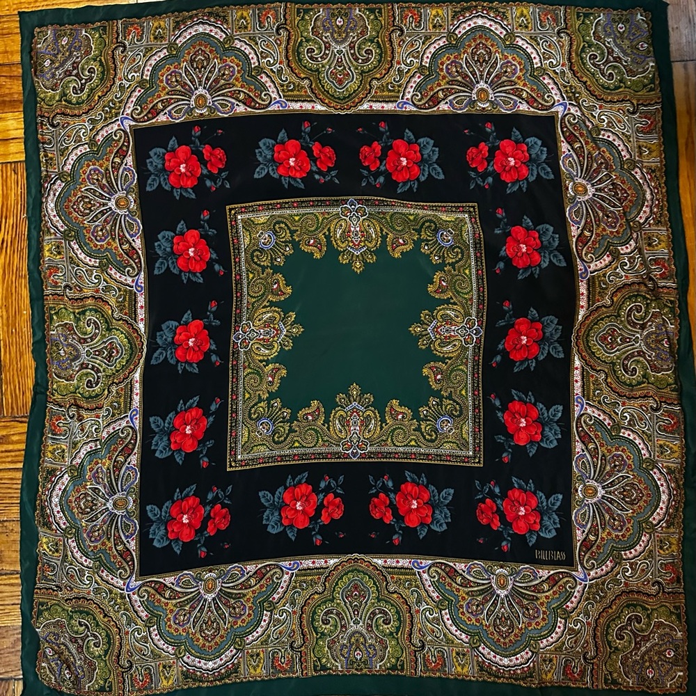Bill Blass Vintage Red Rose Green Orange Paisley Silk Scarf 30x30